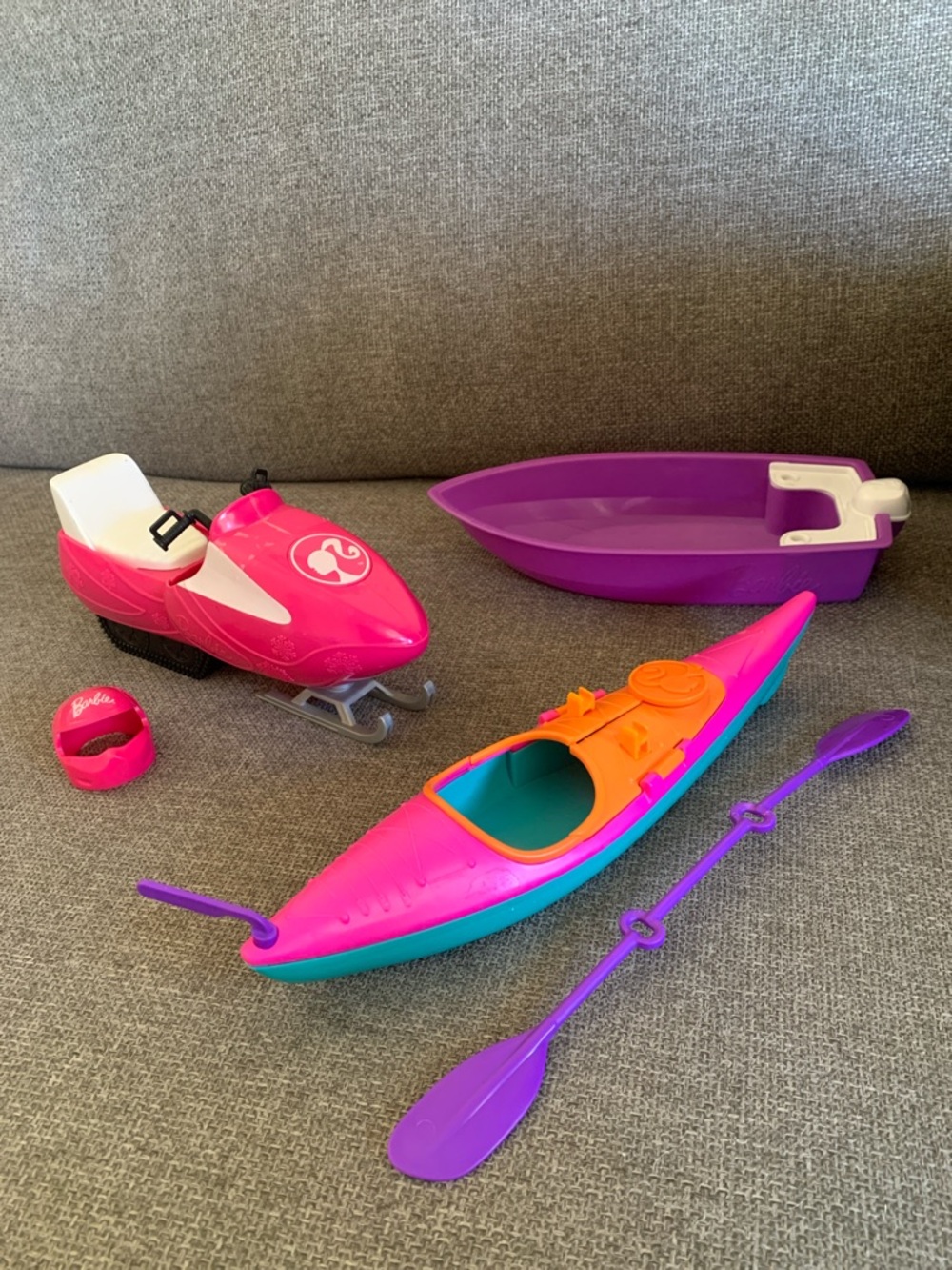 Barbie Doll Sports Vehicles Snowmobile with Helmet Kayak with Oars & Purple Boat
